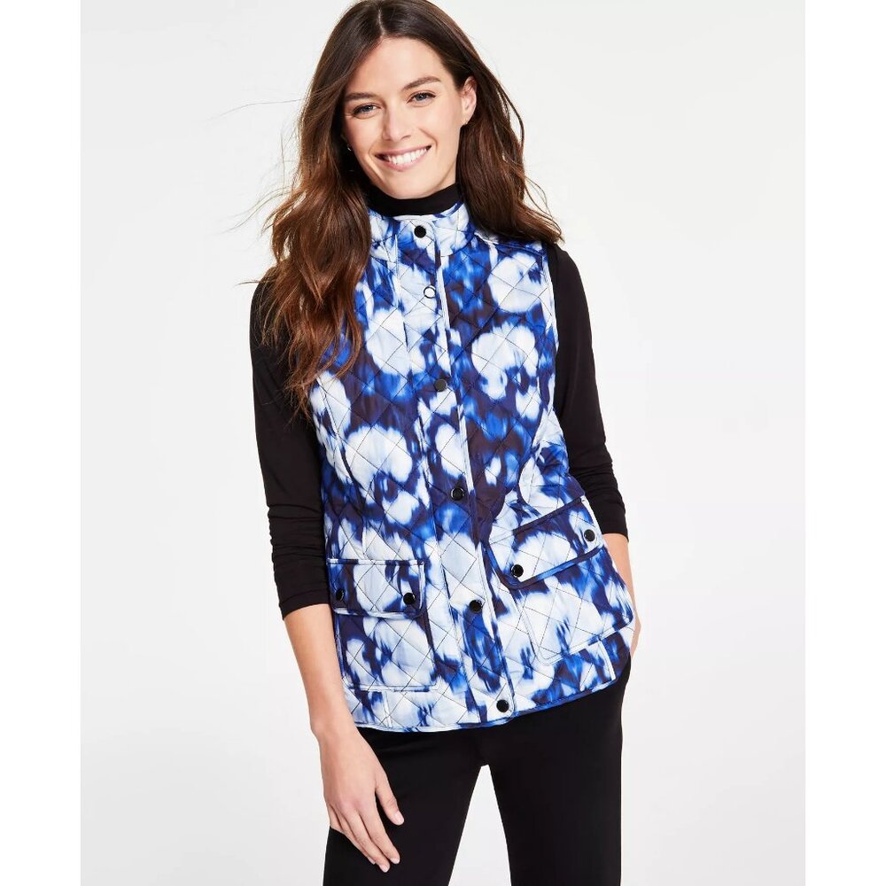 Jones New York Womens Printed Quilted Patch-Pocket Snap/Zipper Vest Blue XS NWOT